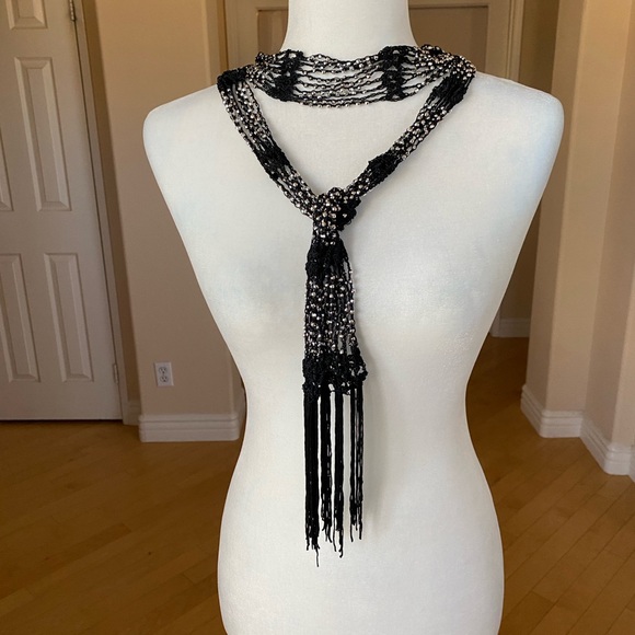 Two Pack Crocheted Beaded Necklace/Belt Jewelry Black/Silver and Blue/Silver - Picture 14 of 14